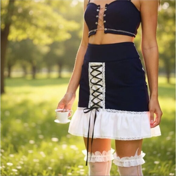 Oh Yes Dresses & Skirts - Oh Yes ✦ Navy White Lace Up Mini Skirt ✦ Two Tone Frill Trim High Waist M NWT